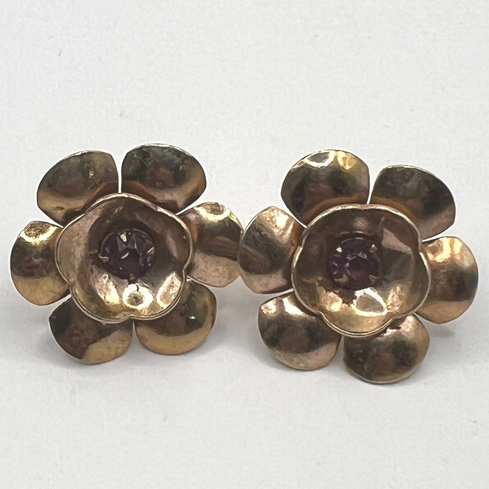 Vintage Coro Screw Back Earrings Copper Tone Flowers Purple Stone‎ Center
